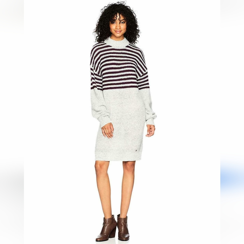VOLCOM COLD DAZE SWEATER KNIT DRESS HEATHER GREY/WINE MOCKNECK WOMENS SZ S  EUC